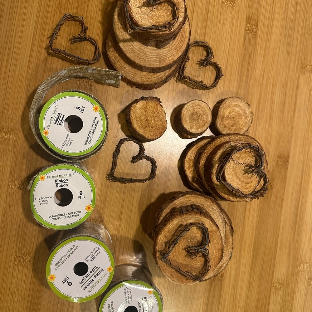 Wooden Craft Supplies with Burlap Ribbon and Heart Accents